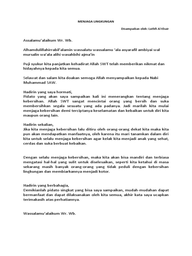 Pidato Kebersihan Lingkungan