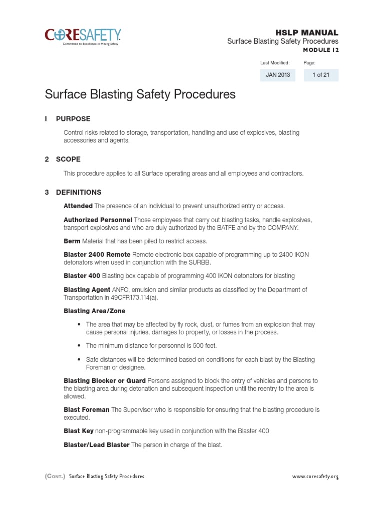 Surface Blasting Safety Procedures I Purpose PDF Explosion Truck