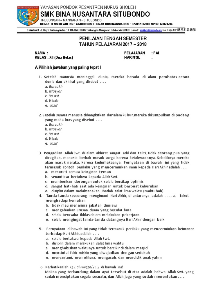 Contoh Soal Essay Iman Kepada Hari Akhir Beserta