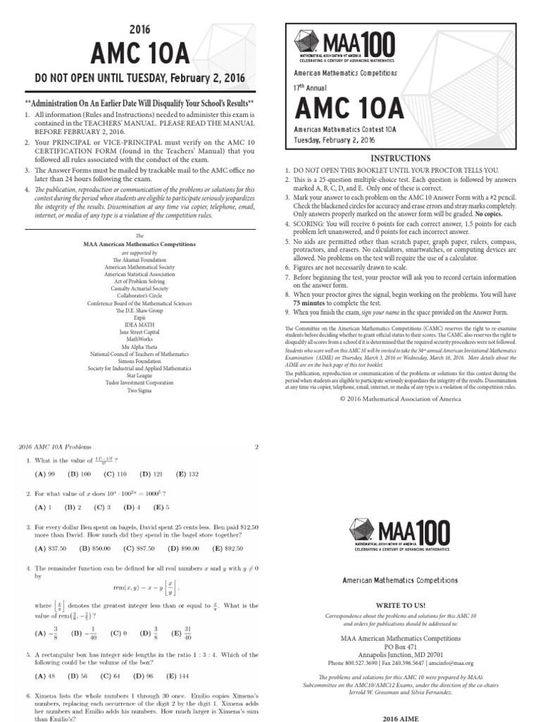 Amc 10A Amc 10A Administration On An Earlier Date Will Disqualify Your
