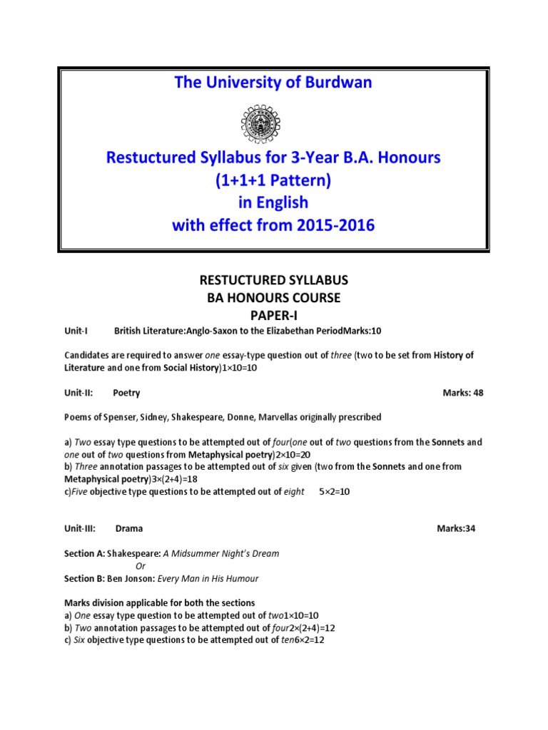 The University of Burdwan Restuctured Syllabus For 3Year B.A. Honours