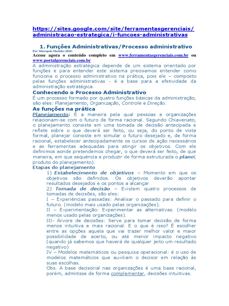 Funções AdministrativasProcesso Administrativo PDF Tomada de decisões Planejamento
