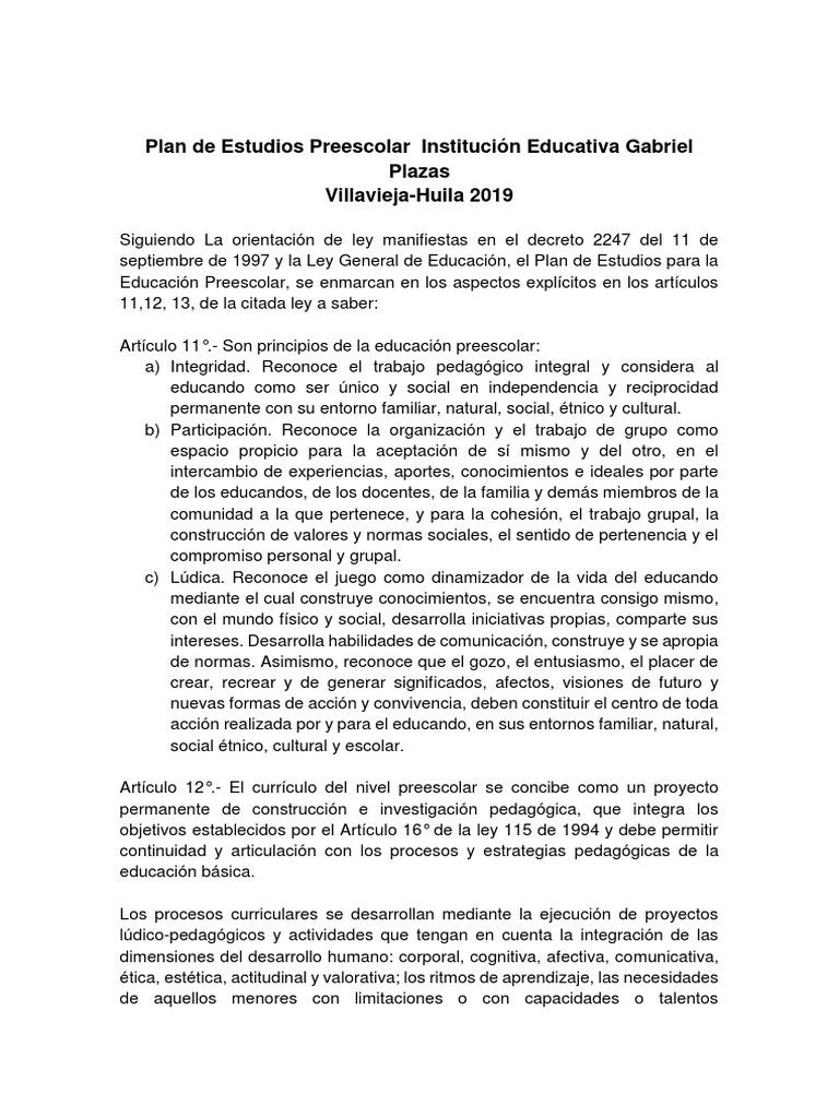 Plan de Estudios Preescolar 2019 Huila | PDF | Educación de la primera ...