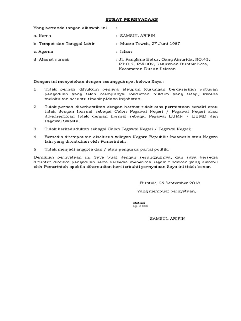 Contoh Surat Pernyataan Tidak Pernah Dihukum Penjara Cpns 2018