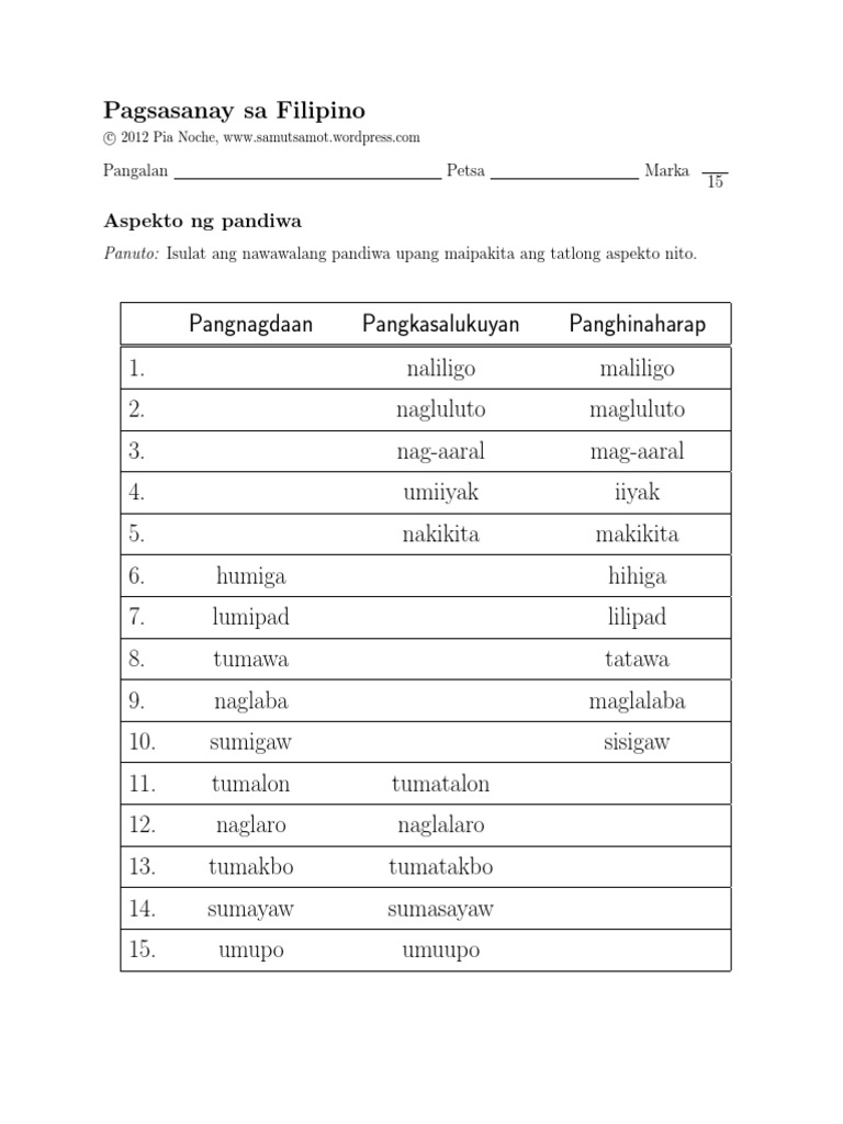 Aspekto Ng Pandiwa 42 Pdf