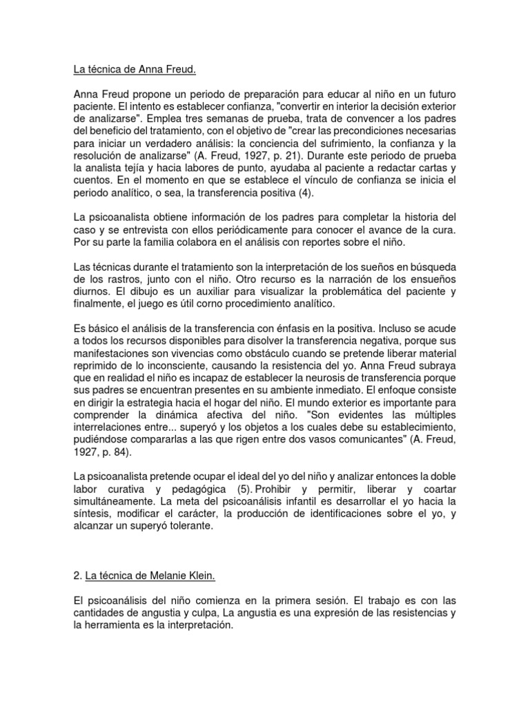 Técnicas de Psicoanálisis Infantil: Freud y Klein | PDF | Psicoanálisis ...