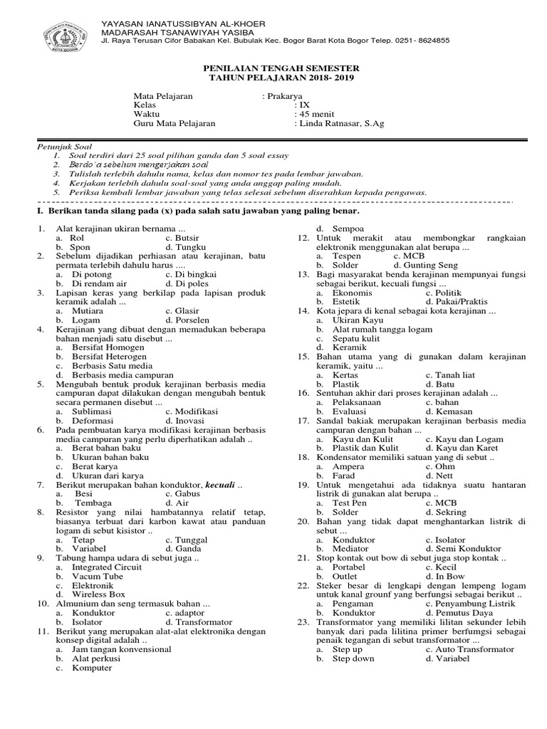 37+ Soal essay prakarya kelas 9 semester 2 dan kunci jawaban info