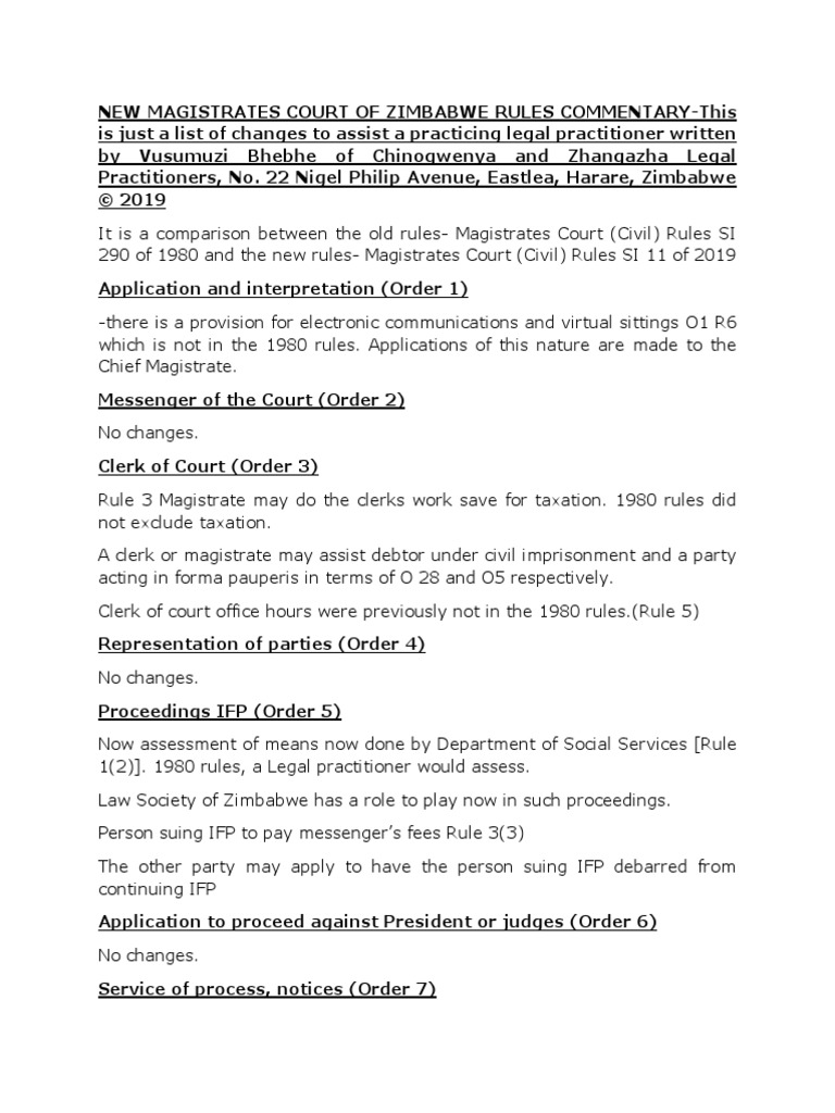 Zimbabwe Mag Court Rules Commentary Si 11 of 2019 PDF Service Of
