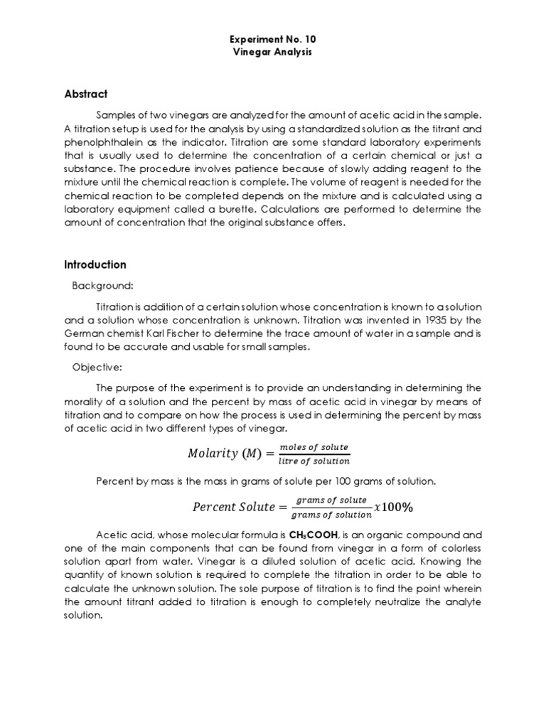 Experiment No. 10 Vinegar Analysis Titration Analytical Chemistry
