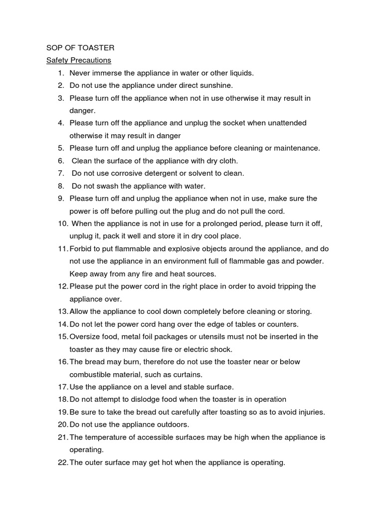 SOP of Toaster | PDF | Toast | Manufactured Goods
