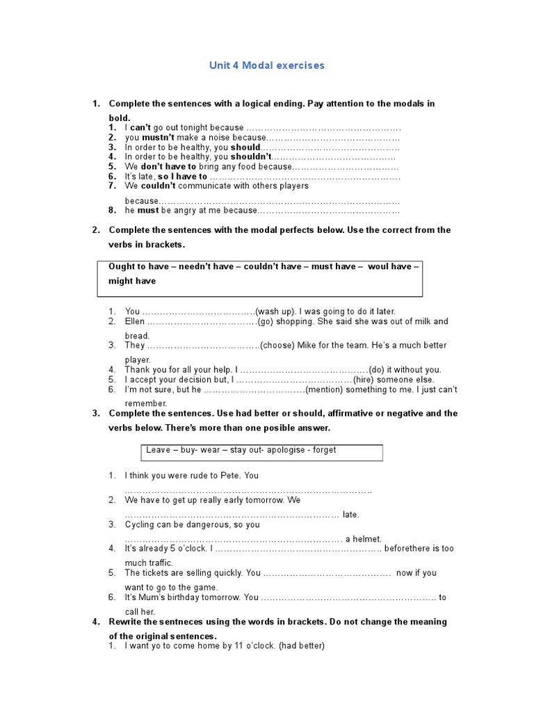 Bach Unit 4 Modal Exercises Syntax Grammar