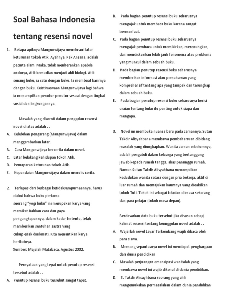 Soal Bahasa Indonesia Tentang Resensi Novel Kls 8