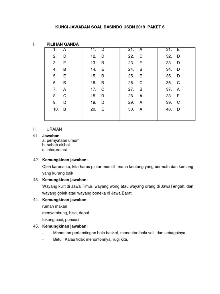 Kunci Jawaban Soal Basindo Usbn 2019 Paket 6