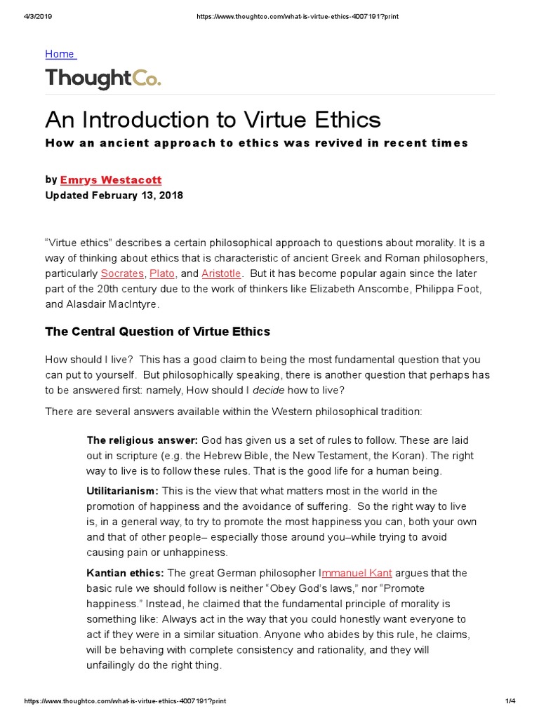An Introduction To Virtue Ethics | PDF | Virtue Ethics | Virtue