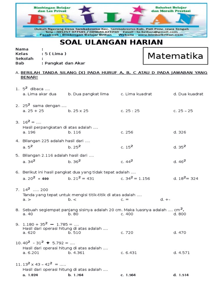 Soal Operasi Hitung Akar Pangkat Dua - AKARKUA