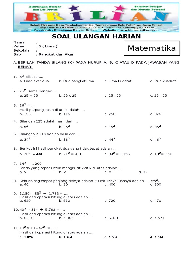 Soal Matematika Kelas 5 Sd Bab 2 Pangkat Dan Akar Bilangan Bulat Dan Kunci Jawaban Www Bimbelbrilian Com