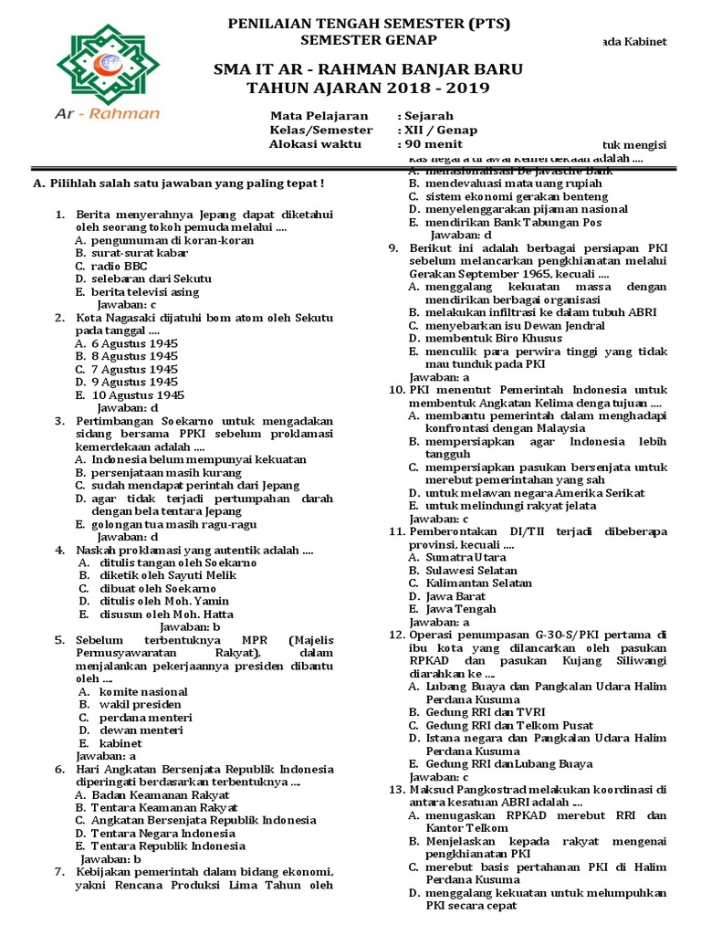 Soal Uts Sejarah Kelas Xii Genap Jawban Docx