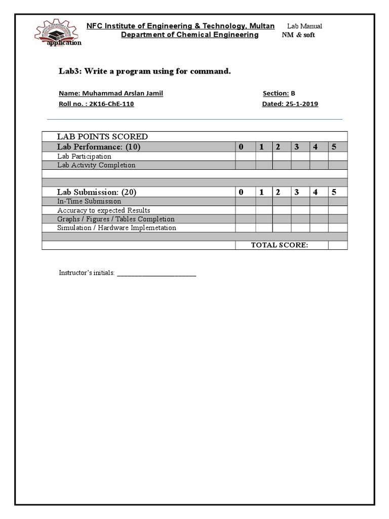 Lab3: Write A Program Using For Command.: Lab Points Scored Lab ...