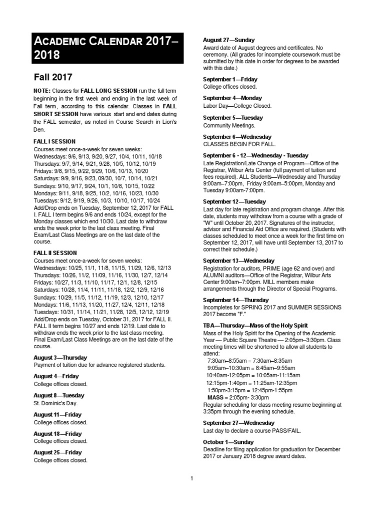 Fall 2017 Academic Calendar Overview | PDF | Academic Term | Bachelor's ...