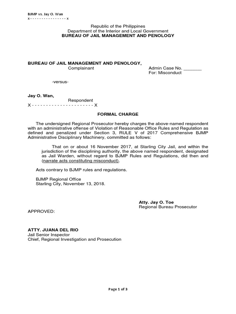 Sample Formal Charge Admin Case Prosecutor Social Institutions