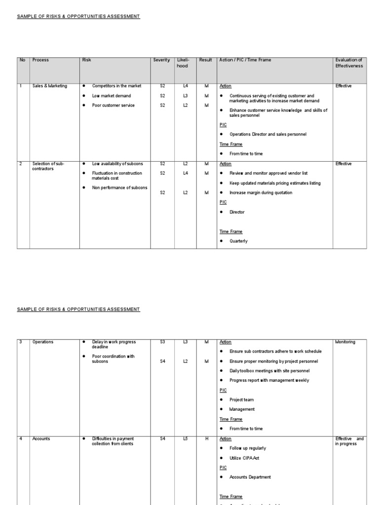 Process Risks & Opportunities Assessment (SAMPLE) PDF Iso 9000 Risk