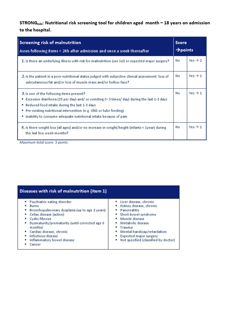Strong nutritional risk screening tool for children aged month 18