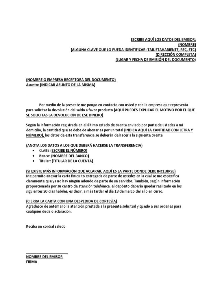 Formato Carta de Devolución de Dinero PDF