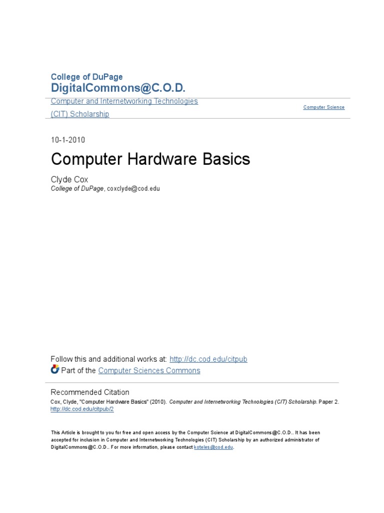 Computer Hardware Basics PDF Central Processing Unit Input/Output