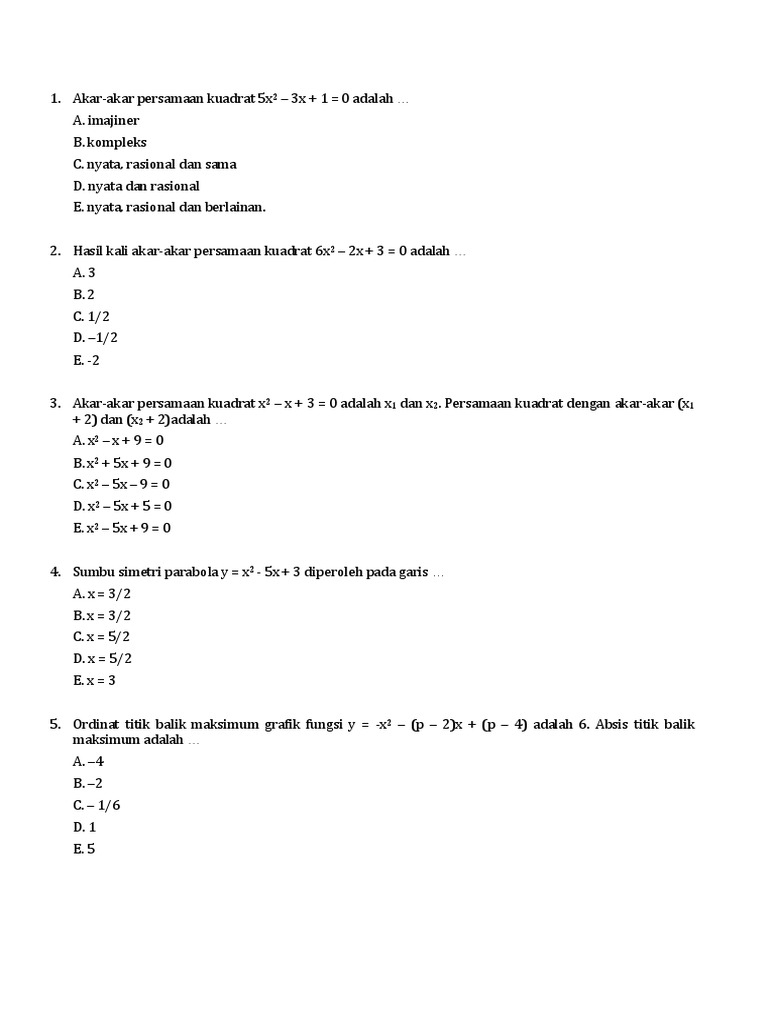 Soal Fungsi Kuadrat Pdf