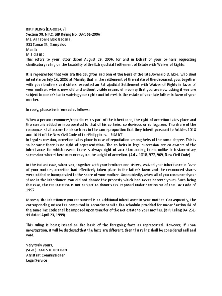 Research Waiver of Inheritance Inheritance Taxation In The United