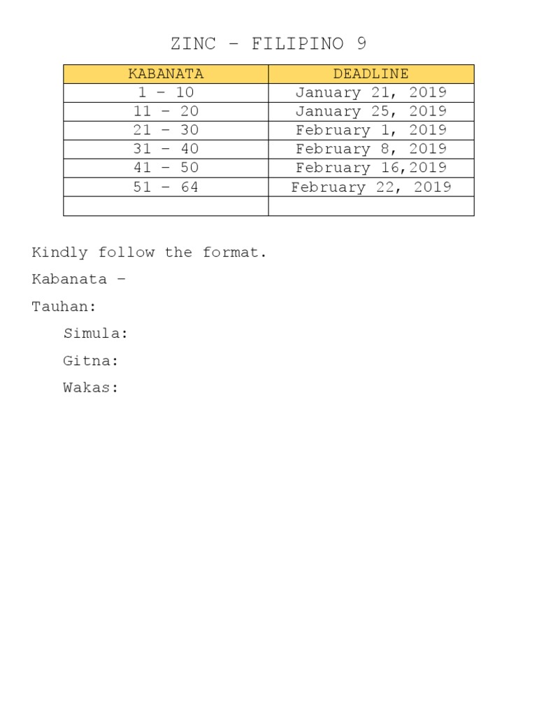 Filipino 9 Reading Deadlines | PDF | Wellness