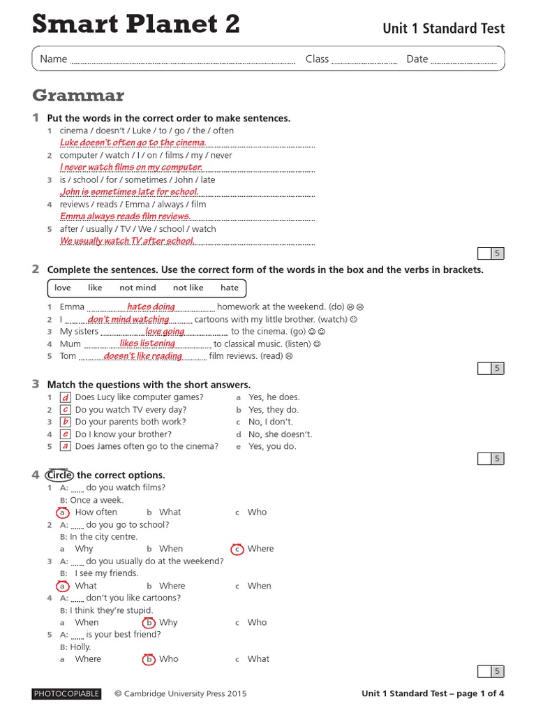 Unit 1 Standard Test With Answers  Leisure