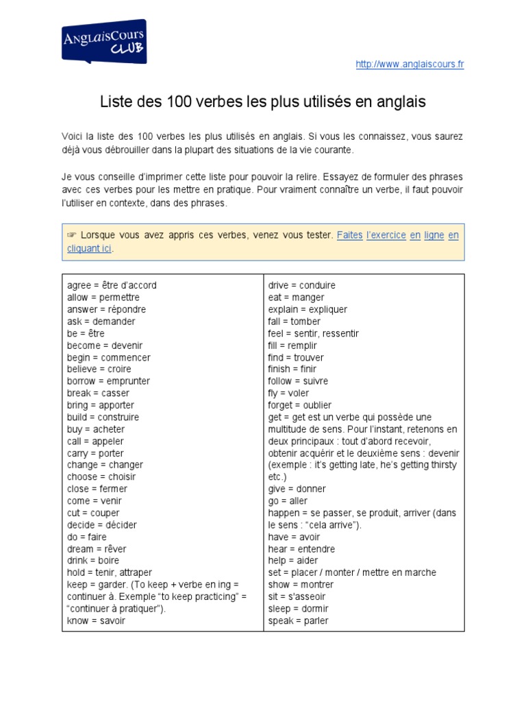 Les 100 Verbes Irréguliers Les Plus Utilisés En Anglais Pdf Les 100 Verbes Les Plus Utilises en Anglais PDF | PDF | Syntaxe