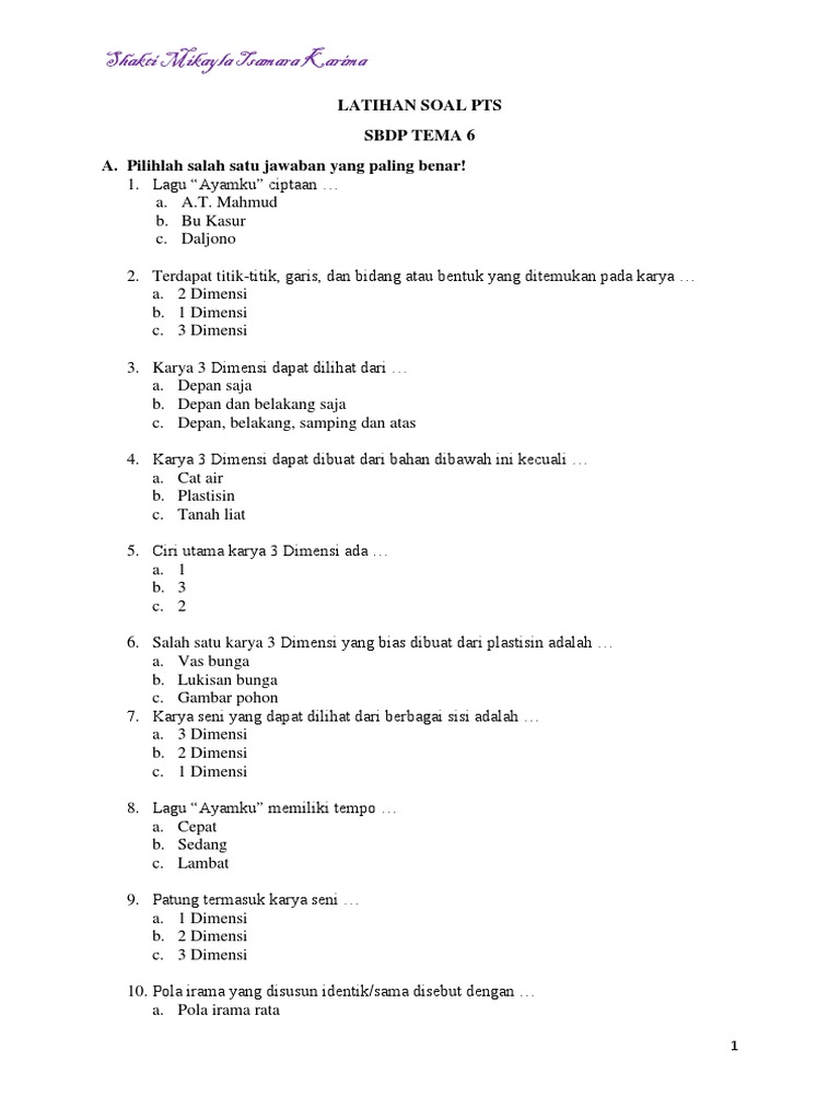 Kelas 2 Latihan Soal PTS 2 SBDP Tema 6 PDF
