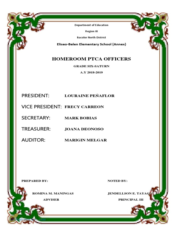 Homeroom Ptca Officers: President: Vice President: Secretary: Treasurer ...