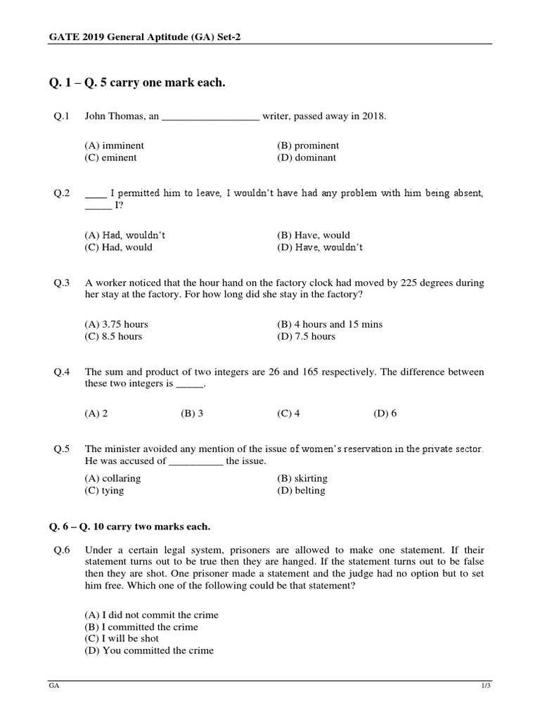 GATE 2019 General Aptitude Set-2 Questions | PDF | Yield (Engineering ...