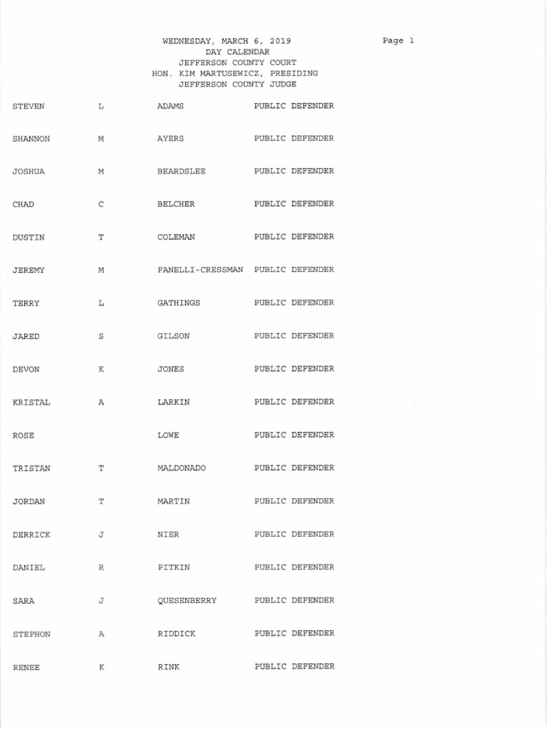 Jefferson County Court Calendar March 6, 2019 PDF