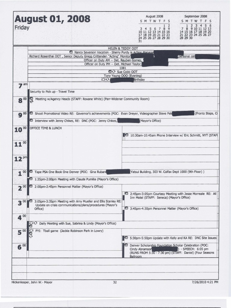 August 2008 Mayor Hickenlooper's Schedule | PDF | Leisure