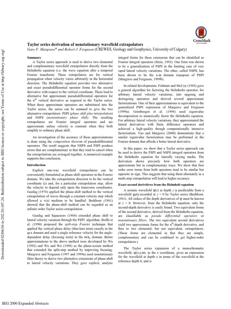 Taylor Series Derivation of Nonstationary Wavefield Extrapolators | PDF ...