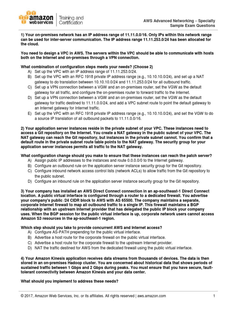 AWS Advanced Networking - Specialty Sample Exam Questions | PDF | Ip ...