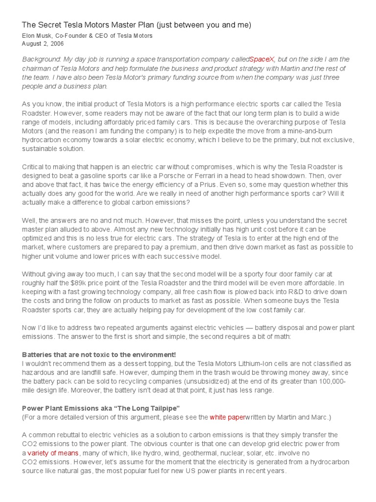 Tesla's Secret Master Plan Explained | PDF | Fuel Economy In ...