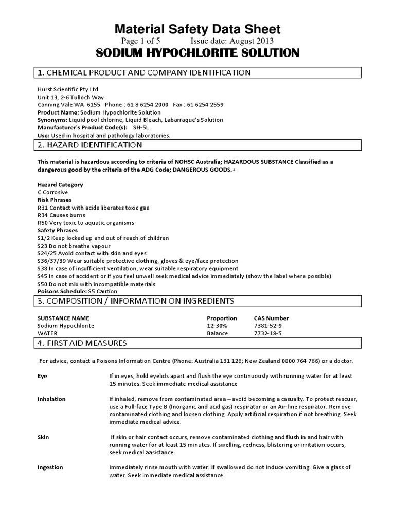 MSDS Sodium Hypochlorite Solution PDF Personal Protective Equipment