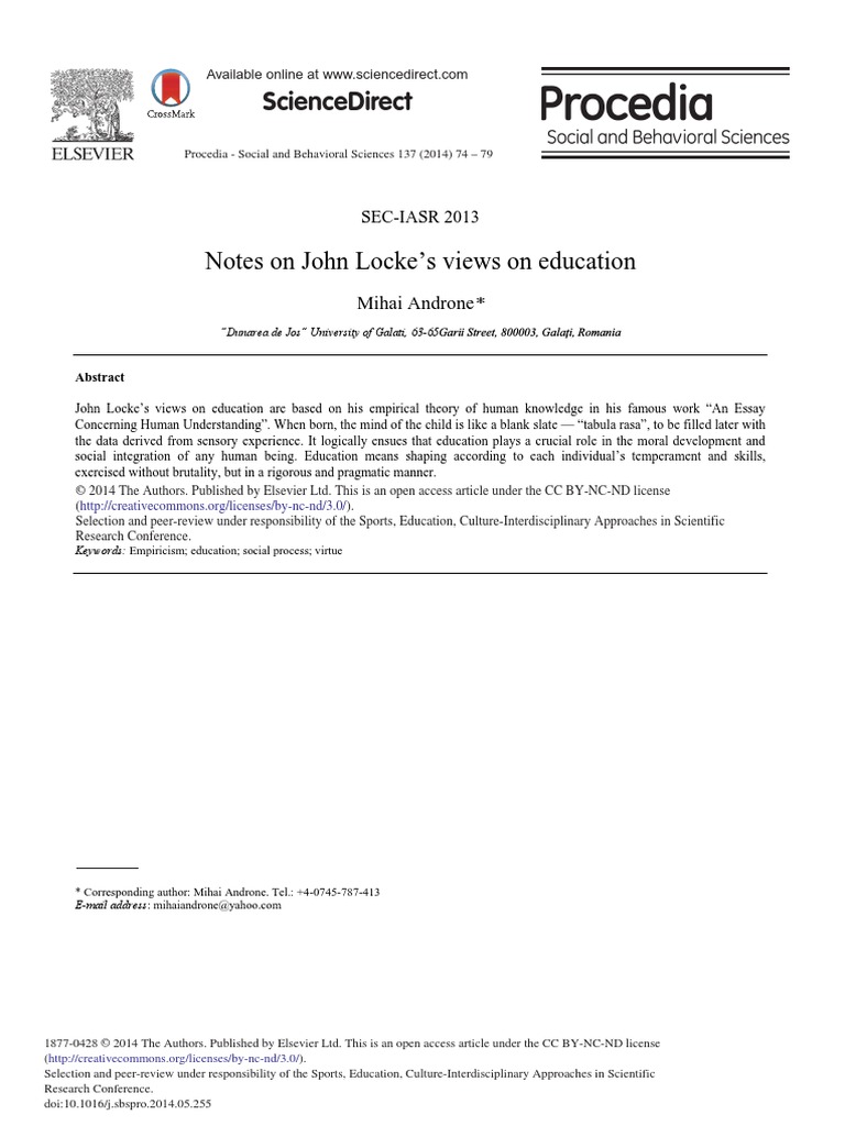 Notes On John Locke's Views On Education PDF John Locke Empiricism