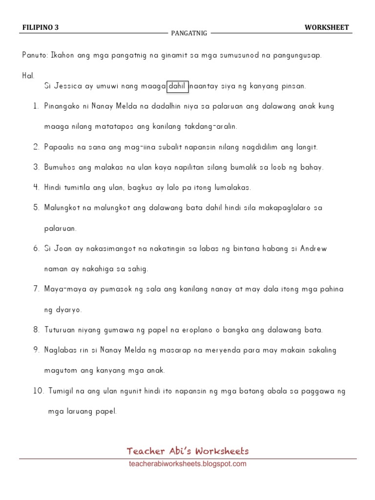 Filipino 3 Worksheet: Pangatnig