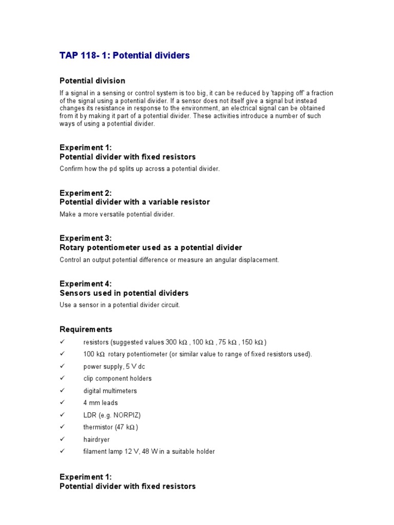 Understanding Potential Dividers in Experiments | PDF | Voltage | Resistor