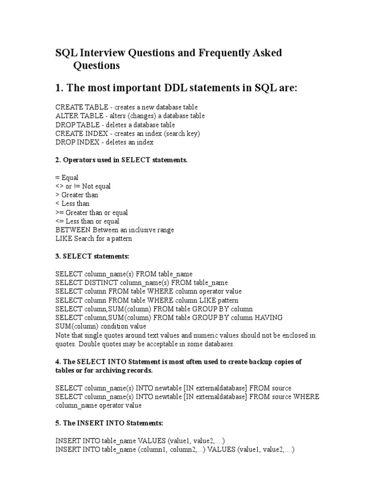 SQL Interview Questions and Frequently Asked Questions 1. The Most  Important DDL Statements in SQL Are | PDF | Pl/Sql | Relational Database