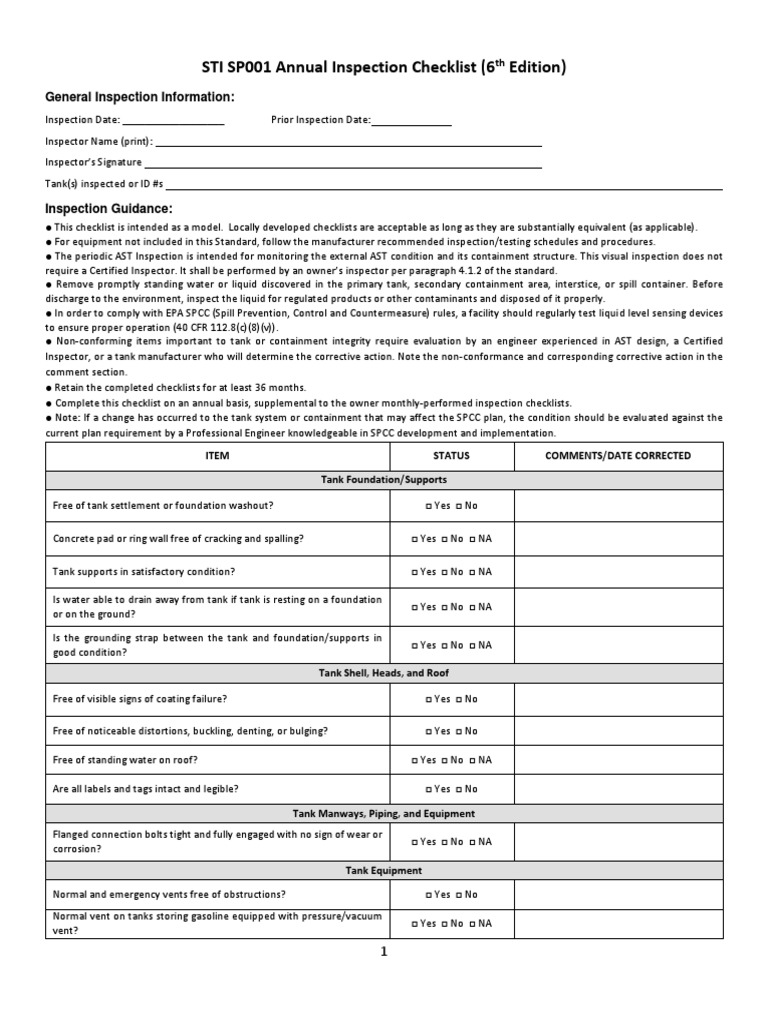 STI SP001 Annual Inspection Checklist | PDF | Valve | Building Engineering