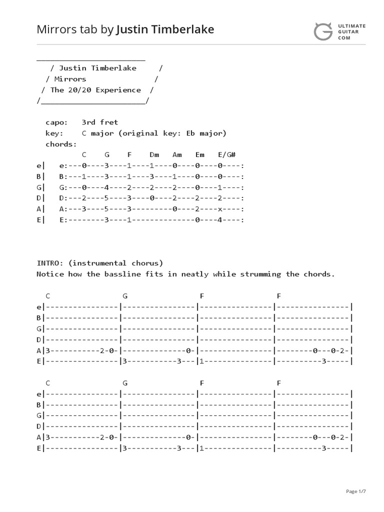 Mirrors Tab by Justin Timberlake Ultimate Guitar COM PDF Popular