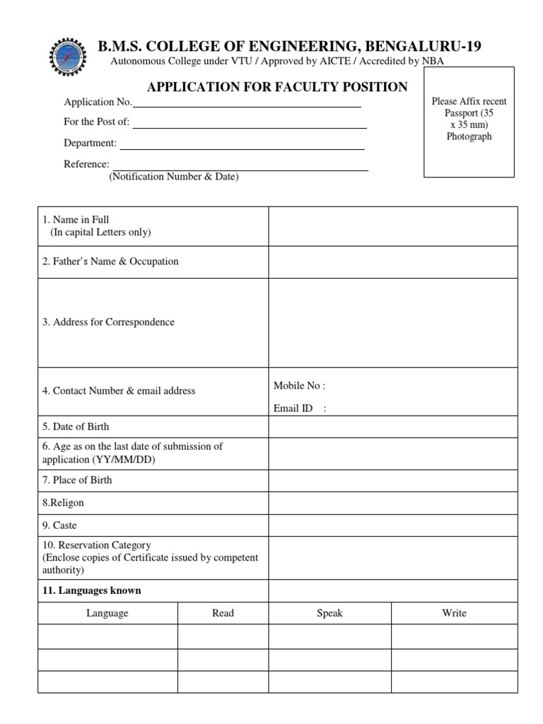 Faculty Application Form - BMS College | PDF | Academic Degree | Academia