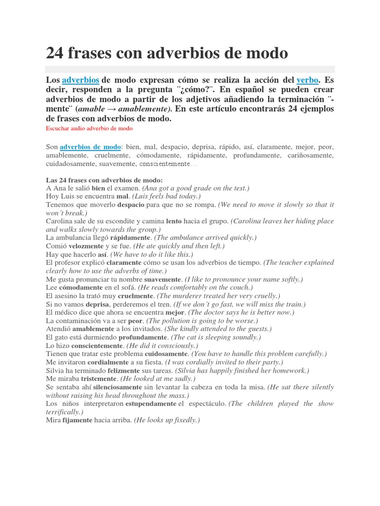 24 Frases Con Adverbios de Modo | PDF | Adverbio | Sintaxis